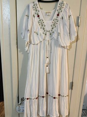 Magnolia White Midi Dress with Red Floral Embroidery